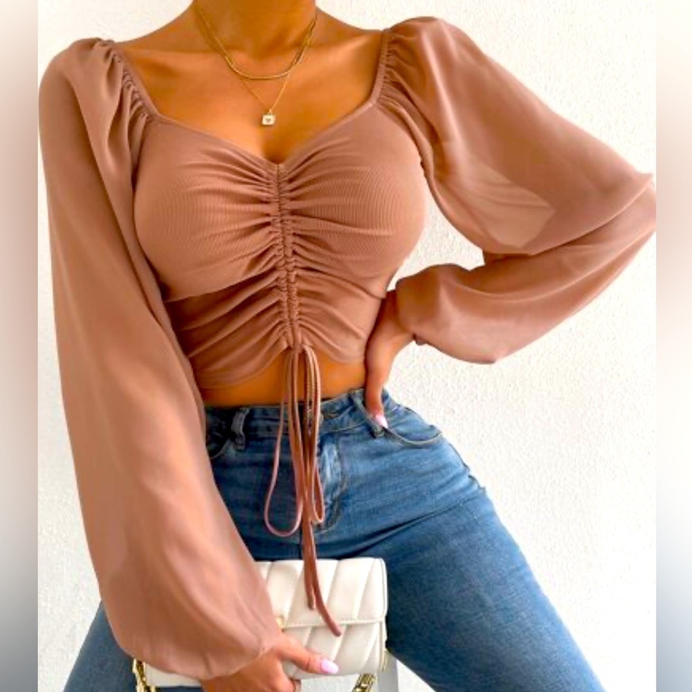 Tan Sweetheart Drawstring Lantern Sleeve Crop Milkmaid Top Sheer Blouse Size S